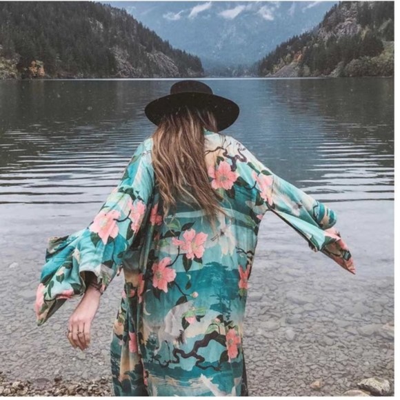 Boho Green Floral print Kimono Crane Cover up - Picture 5 of 9